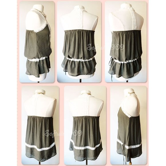 Olive Green Cream Lace Trim BOHO Gauze Airy Top - Picture 5 of 8